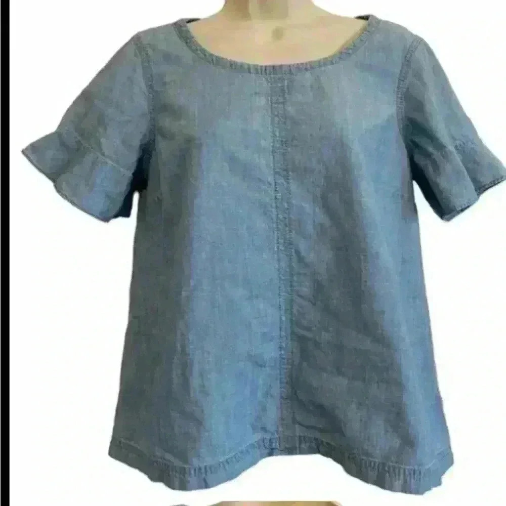 Madewell Blouse Women Shirt Tiered Blue Chambray short Sleeve Peasant boho xs - Picture 2 of 4